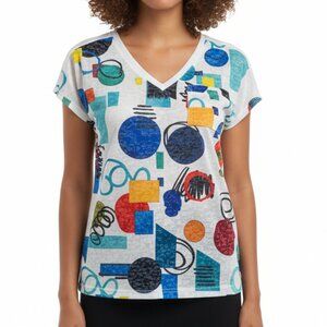 Alison Sheri Bright Geometric Short Sleeves Pullover V Neck Tee One of a Kind XS